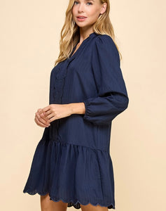 Navy LS Scallop Detail Dress