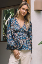 Load image into Gallery viewer, Navy Paisley Print LS V-Neck Blouse