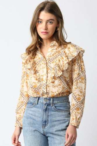 Natural Multi Floral LS Ruffled Top