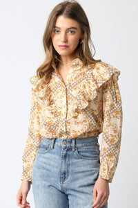 Natural Multi Floral LS Ruffled Top