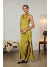 Load image into Gallery viewer, Chartreuse Satin Halter Neck Dress