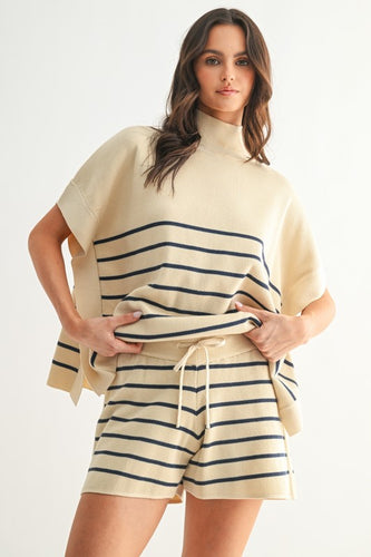 Natural/Navy Striped Knit SS Top + Short Set