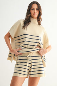 Natural/Navy Striped Knit SS Top + Short Set