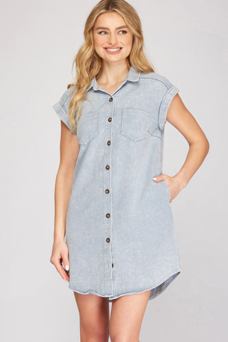 Blue Grey Denim Button SS Dress