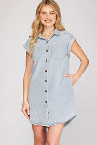 Blue Grey Denim Button SS Dress