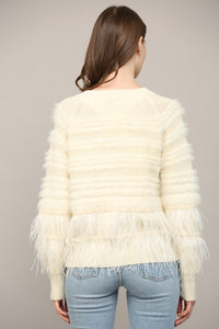 Cream Feather Trim Wool Blend Cardigan
