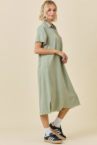 Washed Olive Button Collar Midi Shirt Dress