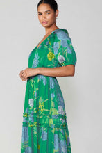 Load image into Gallery viewer, Green Floral SS V-Neck Ruffle Pleated Long Dress