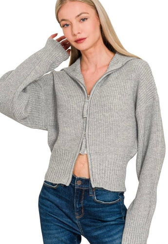 Heather Grey Collared Zip Up Sweater