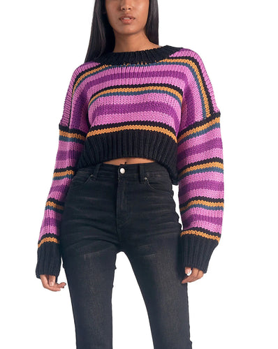 Purple Stripe Crew Neck Cropped Sweater