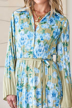Load image into Gallery viewer, Light Olive/Blue Floral Pleated Collared Midi Dress