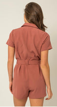 Load image into Gallery viewer, Mauve SS Collared Zip Up Waist Band Romper