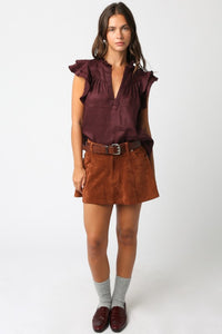 Maroon Linen Split Neck Ruffle Slv Top