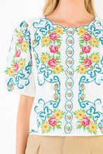 Load image into Gallery viewer, Cream Floral Embroidered Top w/ Scallop Neckline (THML)