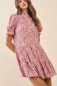 Pink Paisley Button Down Ruffle Detail Dress