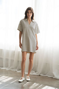 Charcoal Striped Collared V-Neck Casual Mini Dress