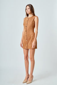 Camel Slvls Faux Suede Gold Button Mini Dress