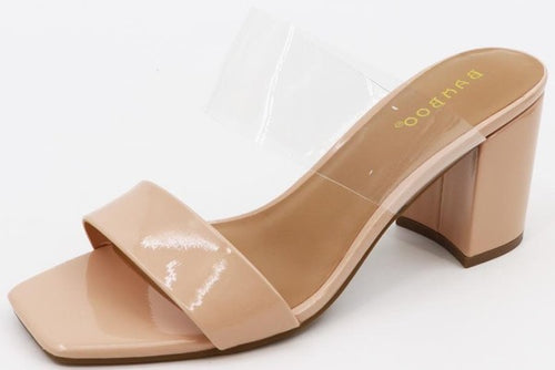 Nude Clear Strap Patent Low Heel