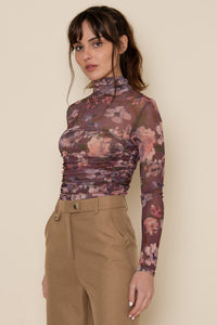 Burgundy Floral Shirring Mock Neck Bodysuit