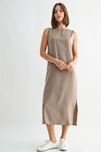 Load image into Gallery viewer, Taupe Satin Rib Neck Midi Dress