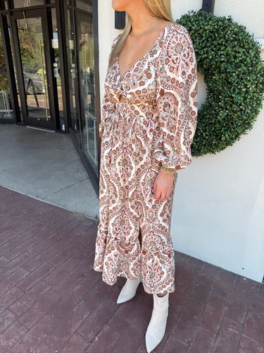 Light Brown Floral V-Neck LS Maxi Dress