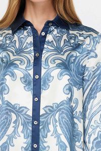 Navy/Cream Printed LS Button Down Blouse