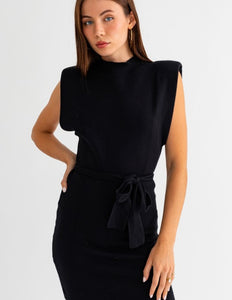 Black Mock Neck Padded Shoulder Knit Dress