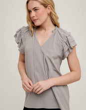 Load image into Gallery viewer, Lt. Grey Ruffle Detail V-Neck Blouse