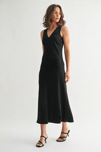 Black Satin V-Neck Maxi Dress
