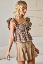 Load image into Gallery viewer, Brown Plaid Gingham Bow Frnt Ruffle Top