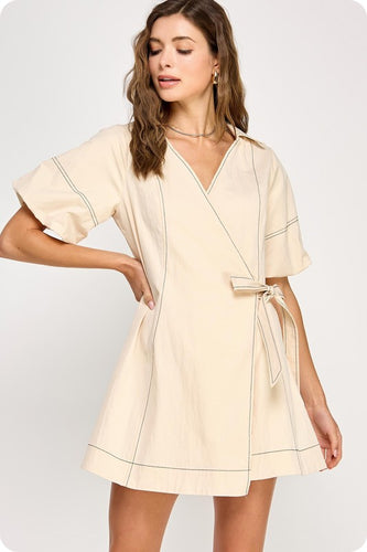Ecru/Black Stitch Wrap Collared Mini Dress