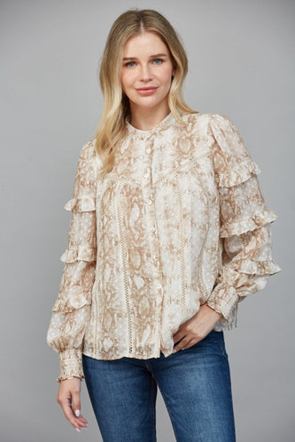 Cream/Taupe Snake Print Ruffle Slv Blouse
