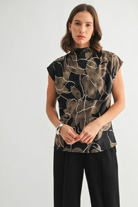 Black/Taupe Leaf Print Satin Mock Neck Blouse
