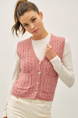 Strawberry Cable Knit Button V-Neck Sweater Vest