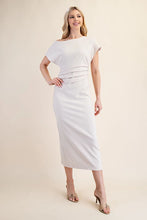 Load image into Gallery viewer, Cream Asymmetrical Waist Pleated Midi Dress