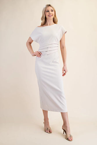 Cream Asymmetrical Waist Pleated Midi Dress