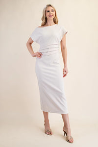 Cream Asymmetrical Waist Pleated Midi Dress