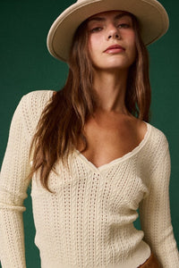Cream Stretchy V-Neck LS Scallop Top
