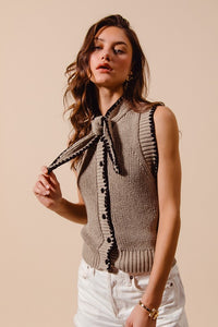 Taupe/Black Tie Neck Sweater Vest Top
