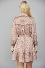 Load image into Gallery viewer, Beige Geo Print LS Satin Tie Waist Shirt Dress