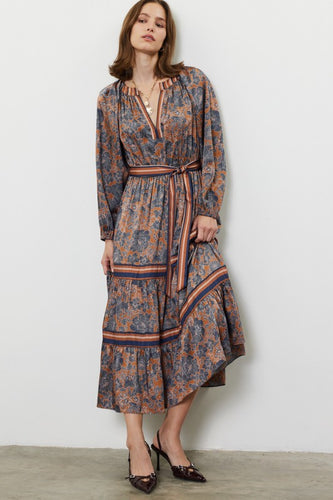 Dark Brown/Navy Printed LS Tie Waist Dress