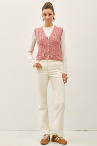 Strawberry Cable Knit Button V-Neck Sweater Vest