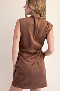 Chocolate Suede Mock Neck Asymmetric Hem Top