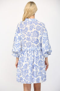 White/Blue Floral Puff Slv Mini Dress