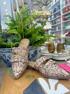 Beige Snake Print Buckle Closed Toe Slide