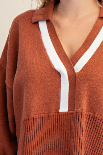 V-Neck Color Trim Sweater Brown