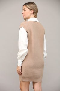 Latte/White Cable Knit Twofer Shirt Dress