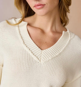 Cream V-Neck Solid Sweater