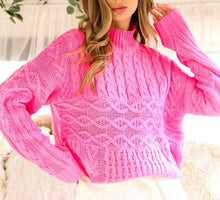 Load image into Gallery viewer, Fuchsia Mock Neck Cable Knit Sweater