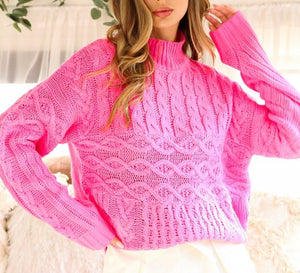 Fuchsia Mock Neck Cable Knit Sweater